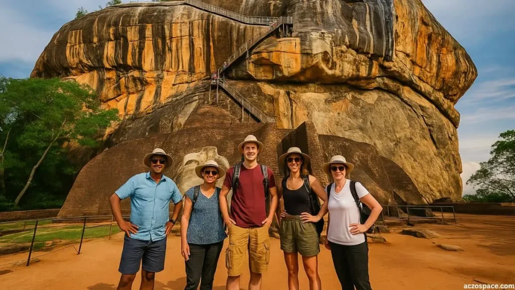 Visitors standing near the base of Sigiriya Rock Fortress in Sri Lanka during a daytime visit