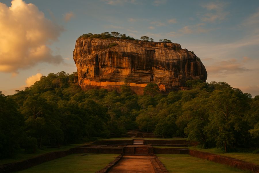 AI generated image of Sigiriya Rock Fortress at sunset in Sri Lanka
