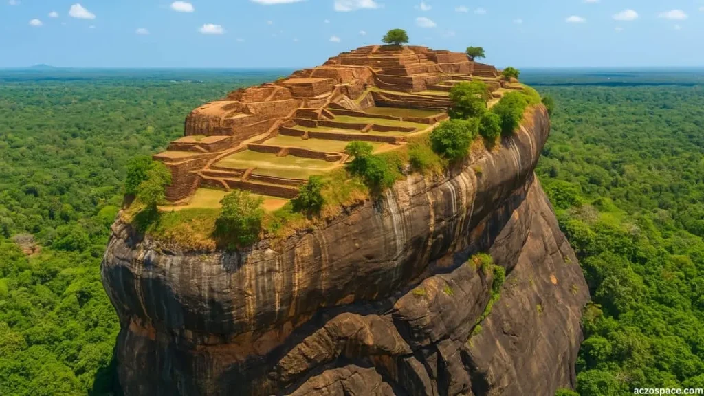 Aerial view of Sigiriya Rock Fortress showing ancient terraces surrounded by green forest in Sri Lanka