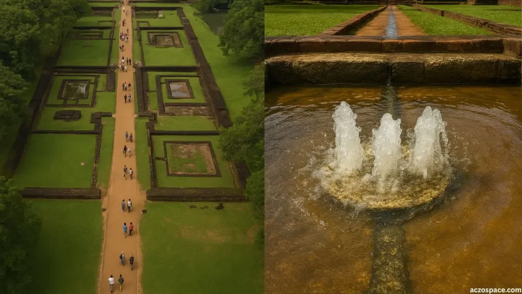 Ancient water gardens at Sigiriya with symmetrical pathways and fountains