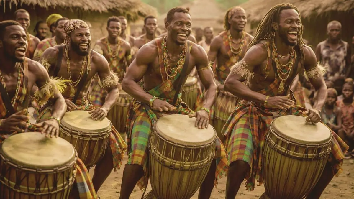 traditional African drummers performing cultural rhythms in village ceremony