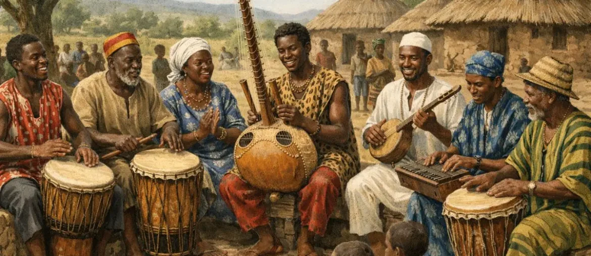 Traditional African musicians performing with drums and traditional instruments