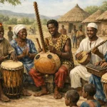 Traditional African musicians performing with drums and traditional instruments