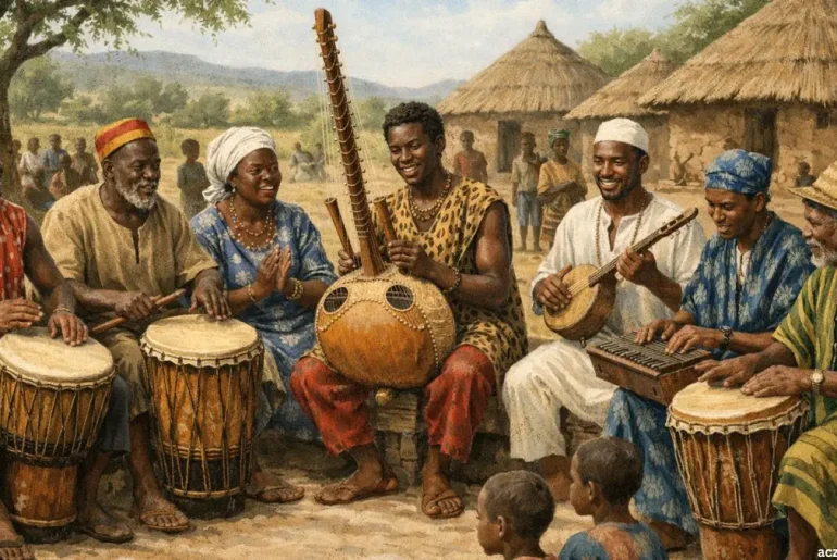 Traditional African musicians performing with drums and traditional instruments