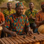 AI generated image of African musicians playing traditional instruments outdoors