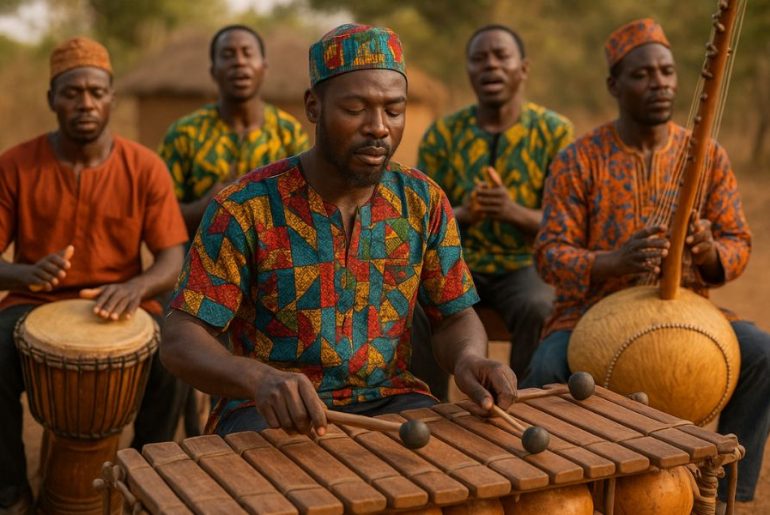 AI generated image of African musicians playing traditional instruments outdoors