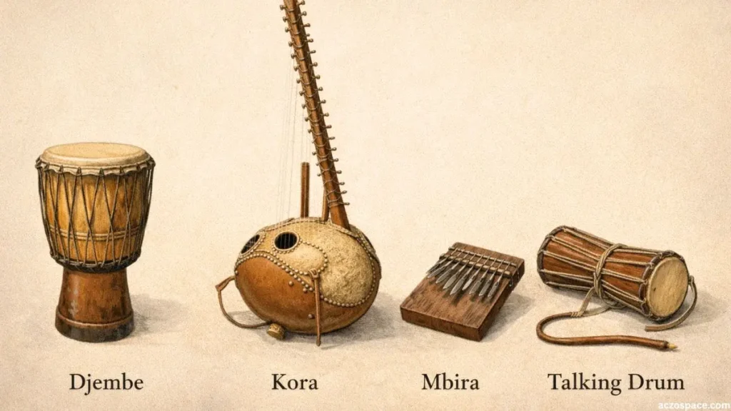 Traditional African musical instruments including drums and string instruments