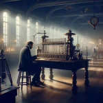 Wilhelm Conrad Röntgen conducting early X-ray experiments in a 19th century laboratory