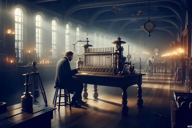 Wilhelm Conrad Röntgen conducting early X-ray experiments in a 19th century laboratory