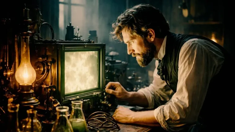 X-ray discovery story Wilhelm Röntgen observing glowing experiment in dark lab