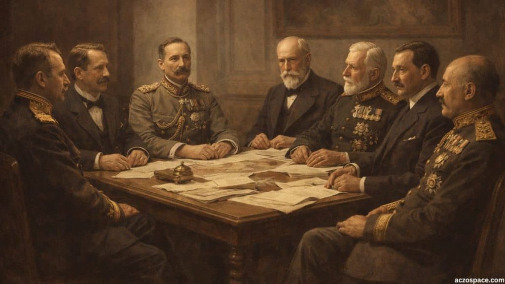 AI-generated illustration of early 20th century European leaders symbolizing causes of World War I