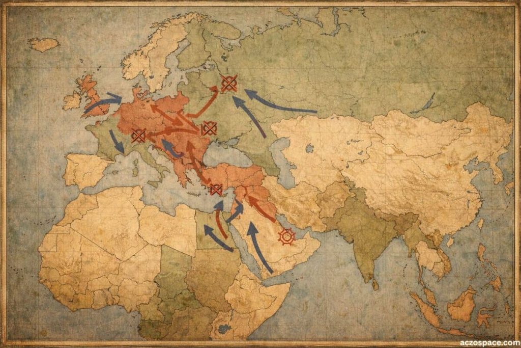 AI-generated illustration of Europe during the outbreak of World War I in 1914