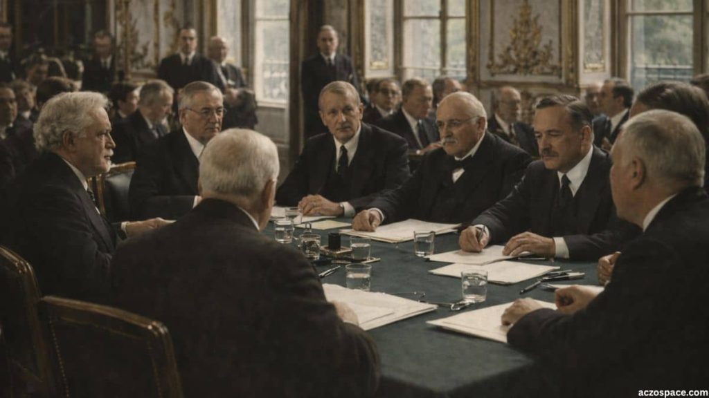 AI-generated illustration of the Treaty of Versailles peace negotiations in 1919