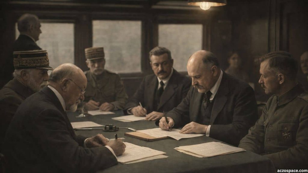 AI-generated illustration of the World War I armistice signing in 1918