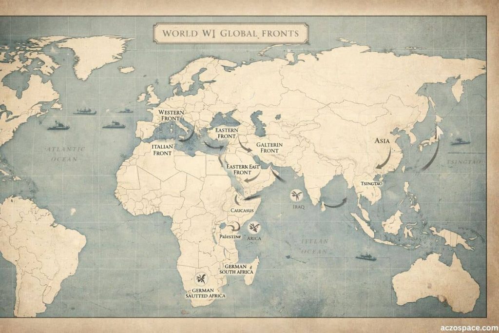 AI-generated illustration of World War I expanding across multiple continents