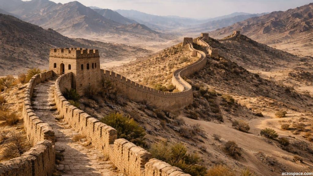 Ancient Great Wall of China built with earth and stone during early dynasties