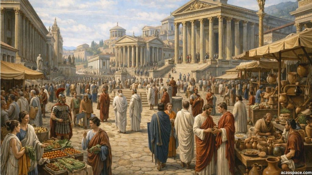 AI-generated illustration of daily life in ancient Rome during the era of Julius Caesar, Roman forum and citizens, not a real image