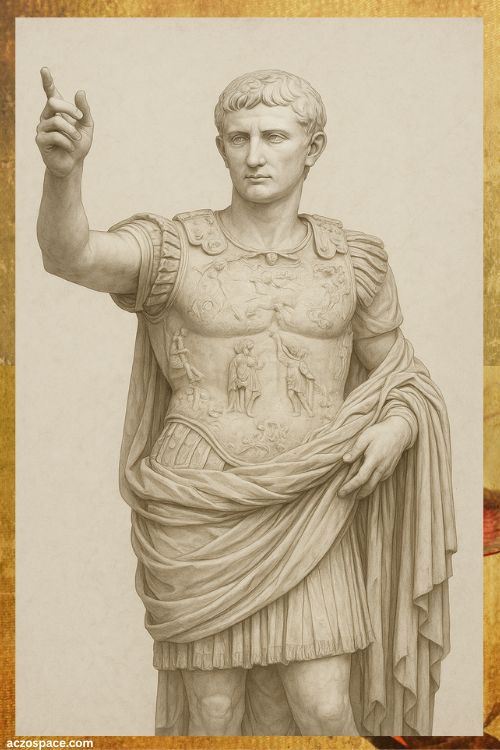 Marble-style illustration of Augustus Caesar in classical Roman sculpture design