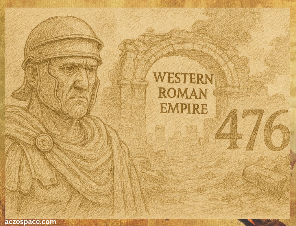 A realistic illustration showing the fall of the Western Roman Empire in 476 CE