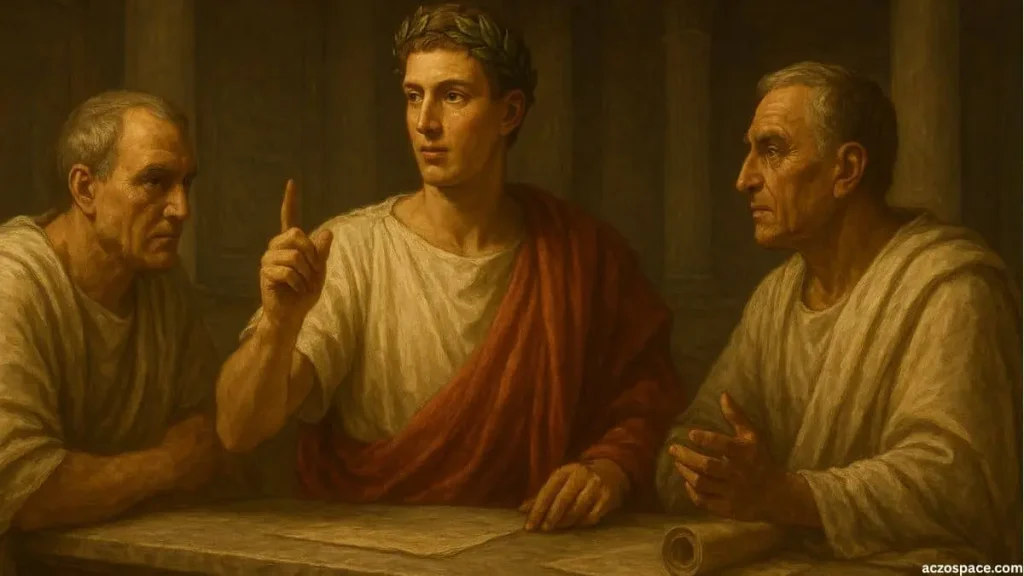 Julius Caesar, Pompey, and Crassus forming the First Triumvirate in ancient Rome