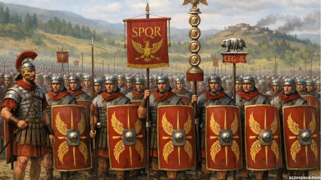AI-generated illustration of Roman legions during the Gallic Wars led by Julius Caesar, ancient battlefield scene, not a real image