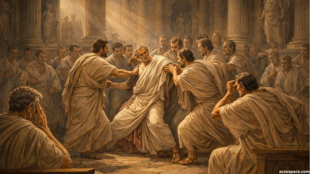 Symbolic AI-generated illustration of Julius Caesar’s assassination in the Roman Senate on the Ides of March, not a real photo