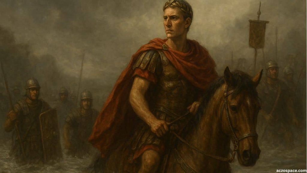 AI-generated historical illustration of Julius Caesar crossing the Rubicon River with Roman soldiers, not a real image