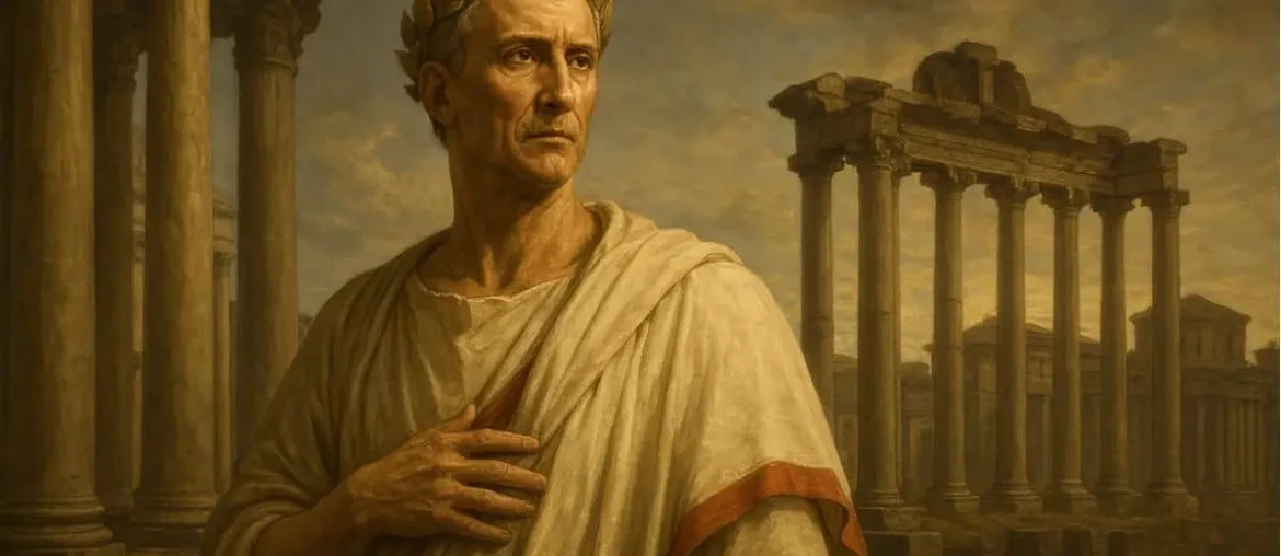 Julius Caesar as a Roman leader, wearing a toga and laurel wreath, ancient Rome background