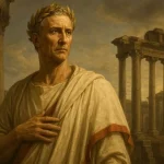 Julius Caesar as a Roman leader, wearing a toga and laurel wreath, ancient Rome background