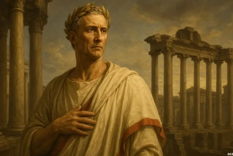 Julius Caesar as a Roman leader, wearing a toga and laurel wreath, ancient Rome background