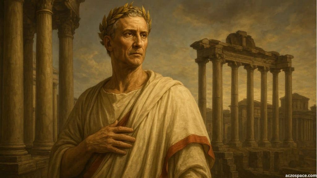 AI-generated illustration of Julius Caesar as a Roman leader, wearing a toga and laurel wreath, ancient Rome background, not a real image