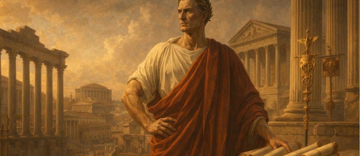 AI-generated illustration Historical representing Julius Caesar’s leadership and legacy in ancient Rome, not a real image
