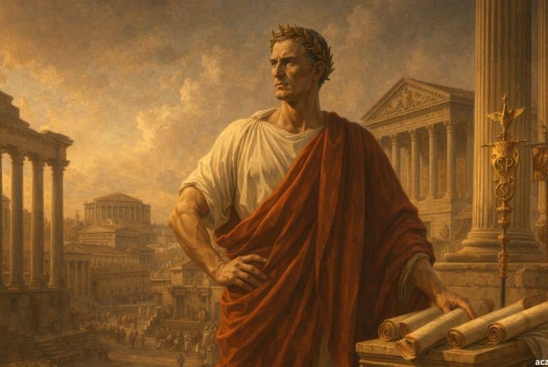 AI-generated illustration Historical representing Julius Caesar’s leadership and legacy in ancient Rome, not a real image