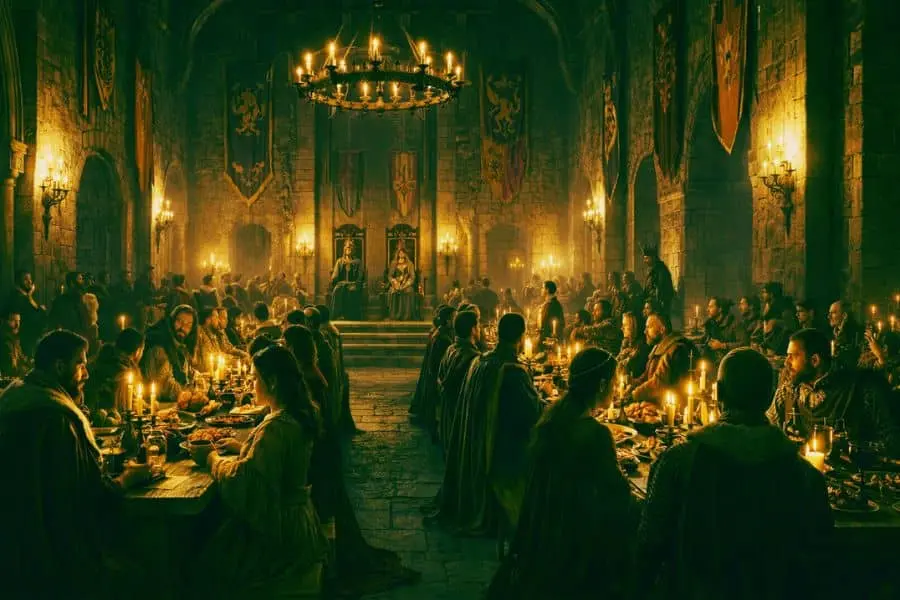 medieval castle great hall daily life with long tables and noble gathering scene 