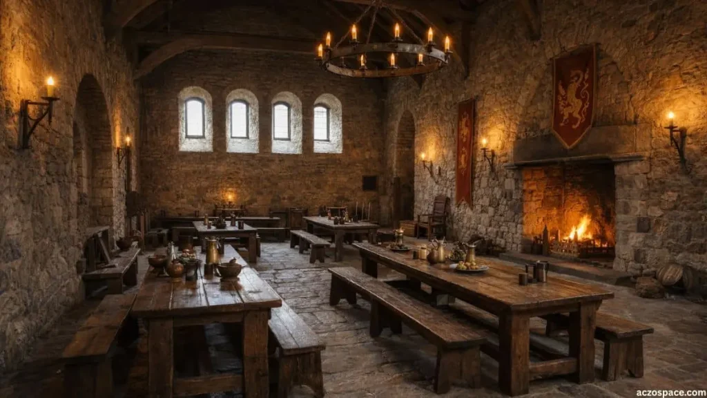 Interior view of a medieval castle great hall used for gatherings