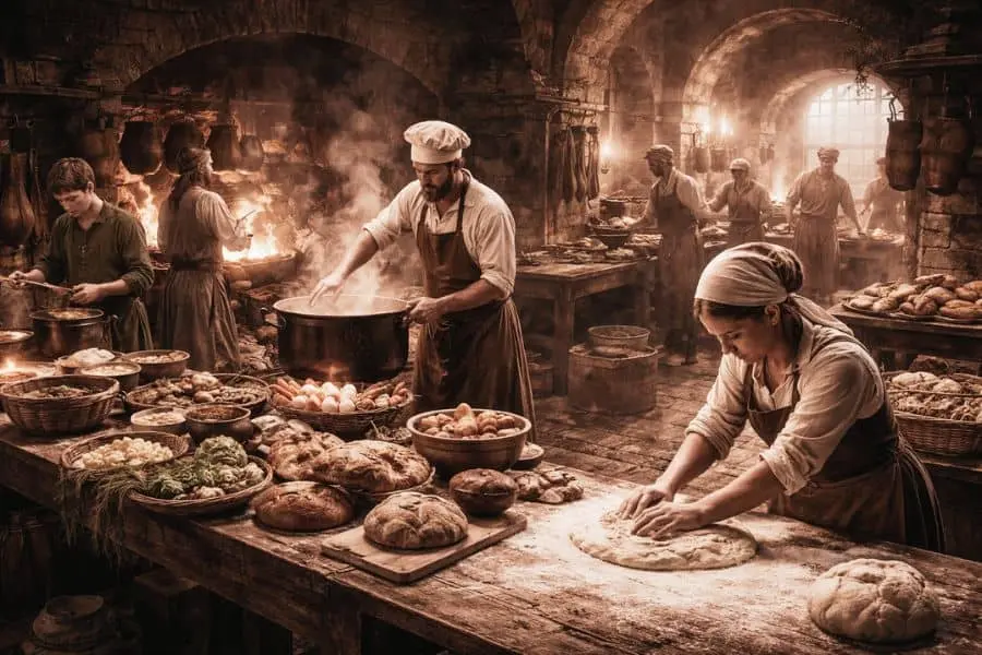 medieval castle kitchen showing food preparation and servant daily life activities 