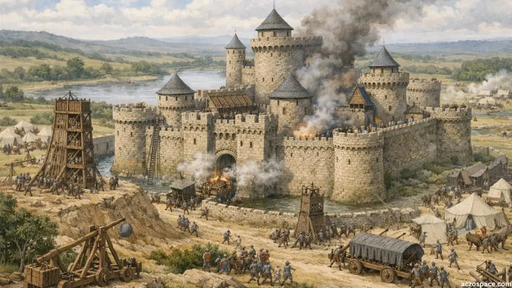 Medieval castle defensive structure during a siege