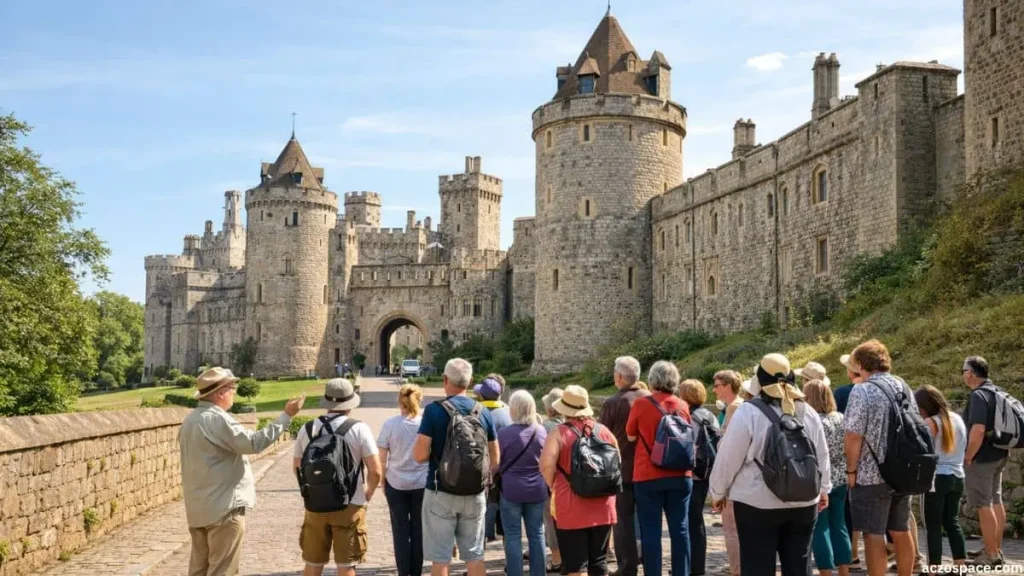 Tourists exploring a medieval European castle heritage site