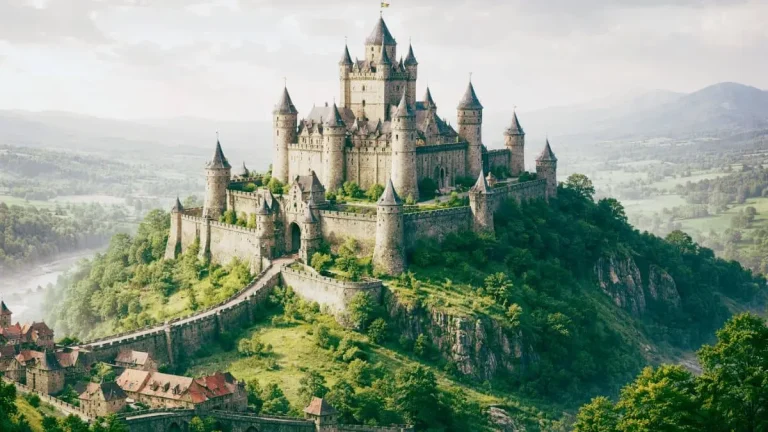 medieval European castle exterior showing fortress walls and towers in historical landscape