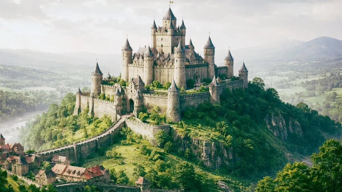 medieval European castle exterior showing fortress walls and towers in historical landscape