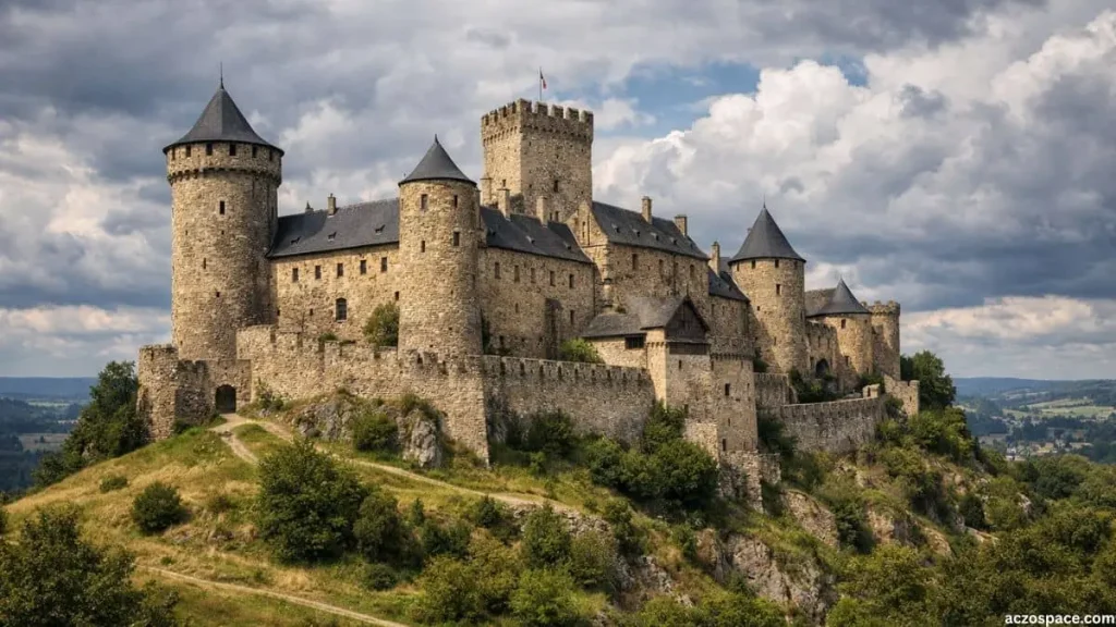Medieval European stone castle on a hilltop representing historical fortifications