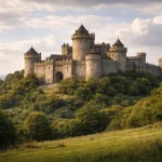 Medieval European stone castle on a hilltop representing medieval