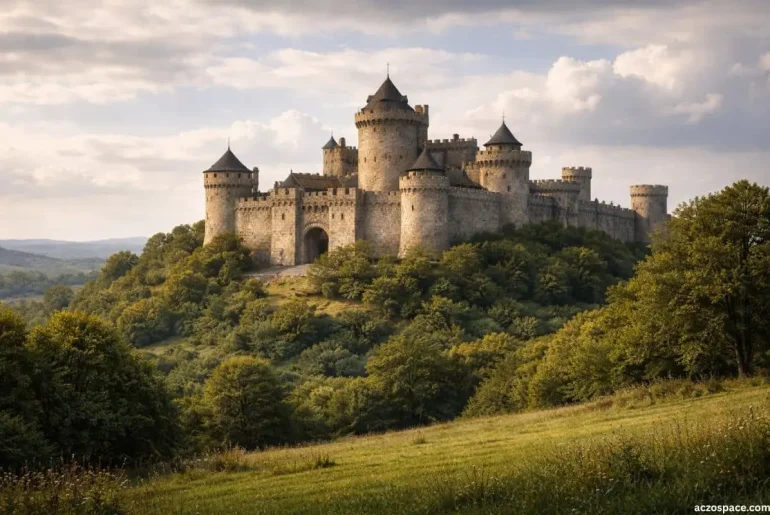 Medieval European stone castle on a hilltop representing medieval