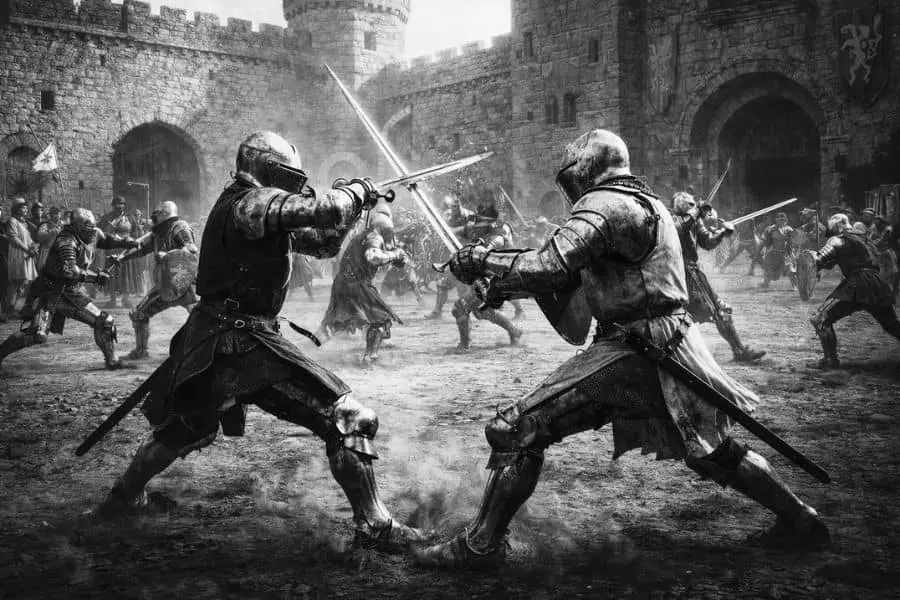 medieval knights training in castle courtyard illustrating defense and military life 