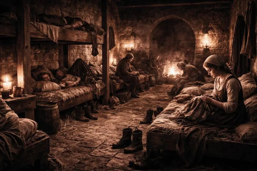 medieval castle servant quarters showing simple living conditions and daily routine. 