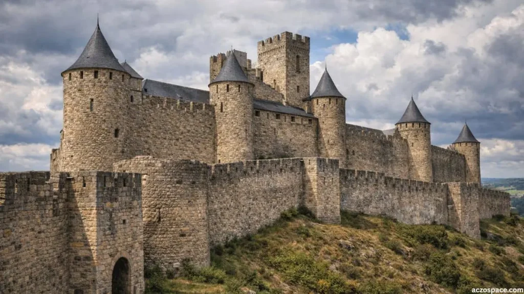 Thick stone walls of a medieval European castle designed for defense