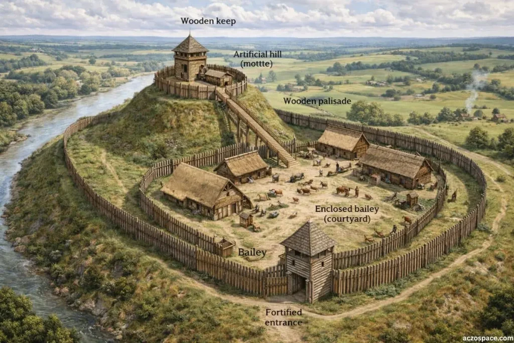 Motte and bailey castle structure showing hilltop keep and enclosed courtyard