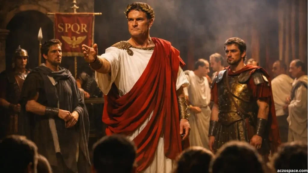 Julius Caesar portrayed in a Shakespearean theatrical performance, historical costume, dramatic stage scene