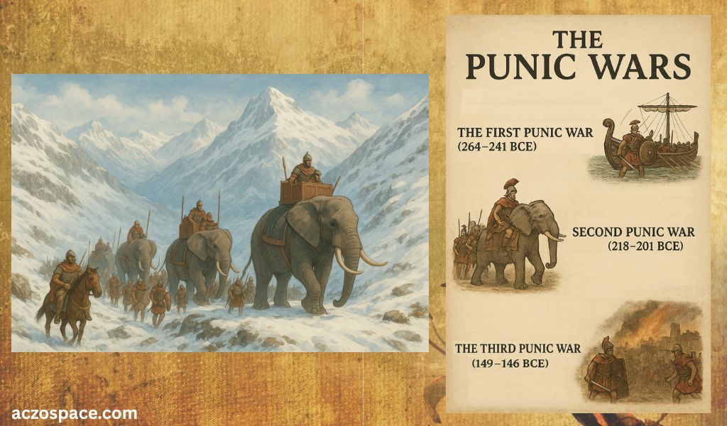 Illustration of the Punic Wars between Rome and Carthage with key historical scenes