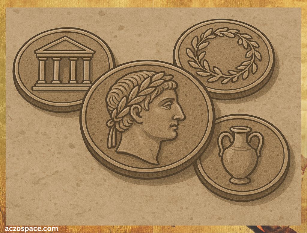 Ancient Roman coins on a stone table in a clean macro-style illustration